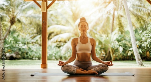 Relaxed female asian adult meditating in sunlit tropical setting