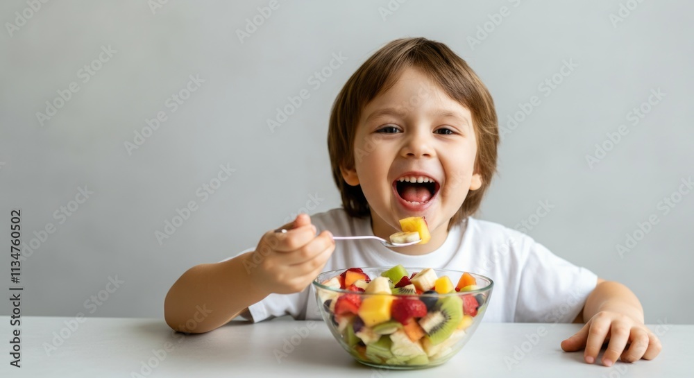 Cheerful caucasian child enjoying a fresh fruit salad at home Cheerful caucasian child enjoying a fresh fruit salad at home