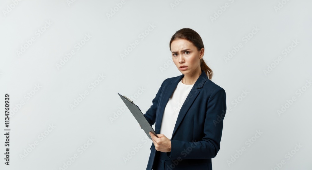 Serious caucasian female adult holding clipboard in formal attire against plain background Serious caucasian female adult holding clipboard in formal attire against plain background