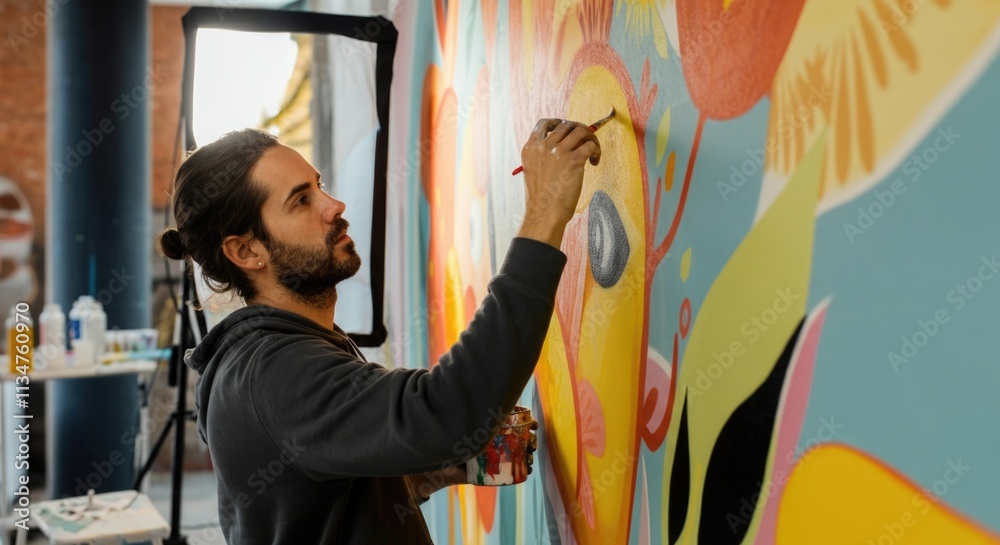 Obraz premium Hispanic male artist painting colorful mural in studio