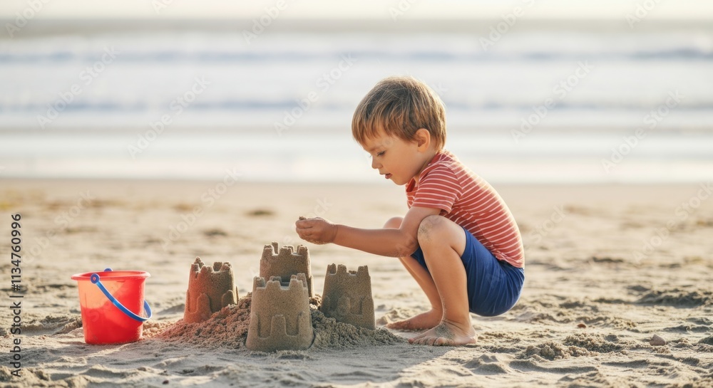 Young caucasian boy building sandcastles at the beach Young caucasian boy building sandcastles at the beach