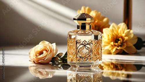 Arabian perfume in luxurious style in gold and transparent colors with copy space, representing elegance, rose and flowers on the marble table photo