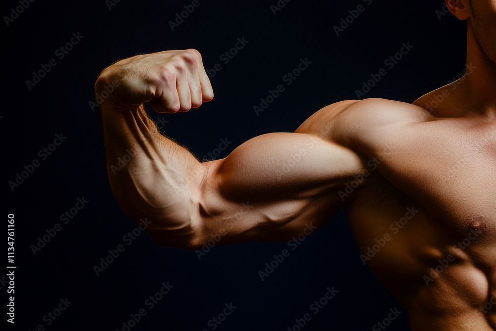 man with a muscular arm flexes his bicep. Concept of strength and power man with a muscular arm flexes his bicep. Concept of strength and power