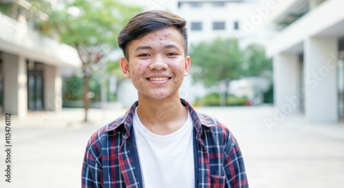 Asian teen boy smiling in urban setting with acne and casual outfit photo