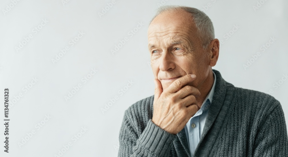 Mature caucasian male in thoughtful pose with gray sweater and light background Mature caucasian male in thoughtful pose with gray sweater and light background