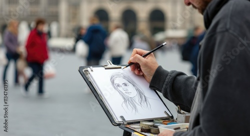 Street artist sketching a female portrait in bustling city square