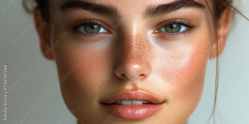 Close-up of a young woman with striking features and radiant skin in a soft neutral background showcasing natural beauty and charisma Close-up of a young woman with striking features and radiant skin in a soft neutral background showcasing natural beauty and charisma