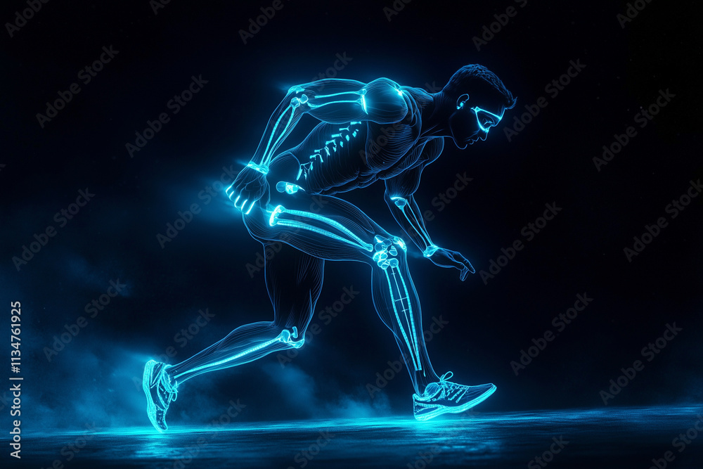 man in a blue skeleton suit is running. The skeleton suit is glowing in the dark. Concept of movement and energy man in a blue skeleton suit is running. The skeleton suit is glowing in the dark. Concept of movement and energy