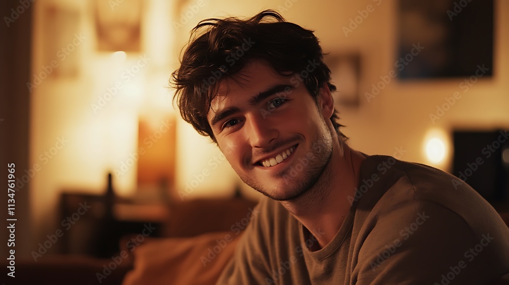 Young Man Smiling Warmly In Evening Home Setting Young Man Smiling Warmly In Evening Home Setting