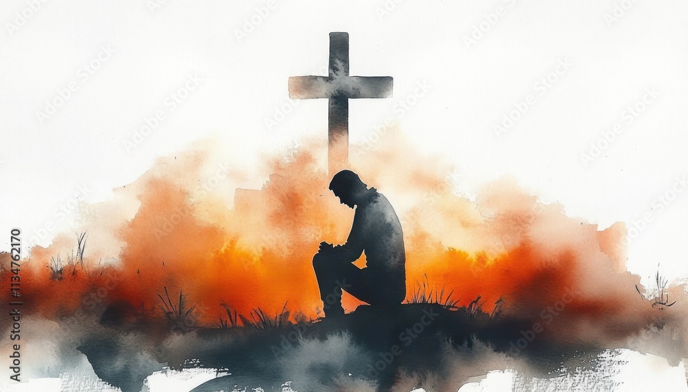 Fototapeta premium Praying Man Kneeling Before Cross Silhouette in Misty Clouds with Soft Light