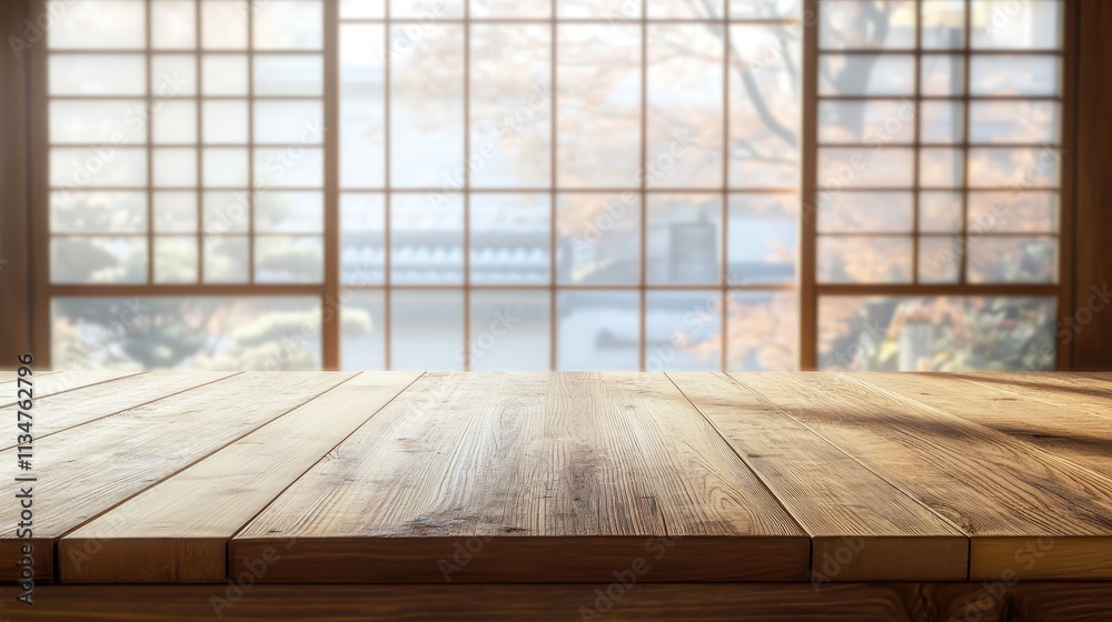 Wooden table of free space and blurred background of japan interior with big window