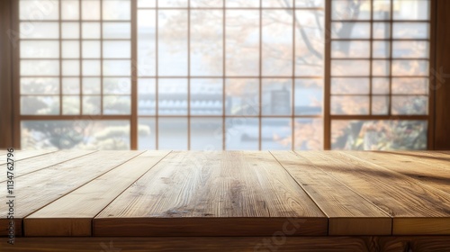 Obraz na płótnie Wooden table of free space and blurred background of japan interior with big window w salonie