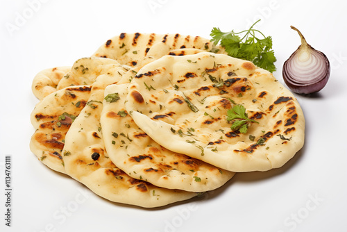 Close-up of freshly cooked and hot garlic naan, perfectly baked with a golden texture, showcasing its appetizing flavor and aroma, displayed neatly on a clean white background for food presentation