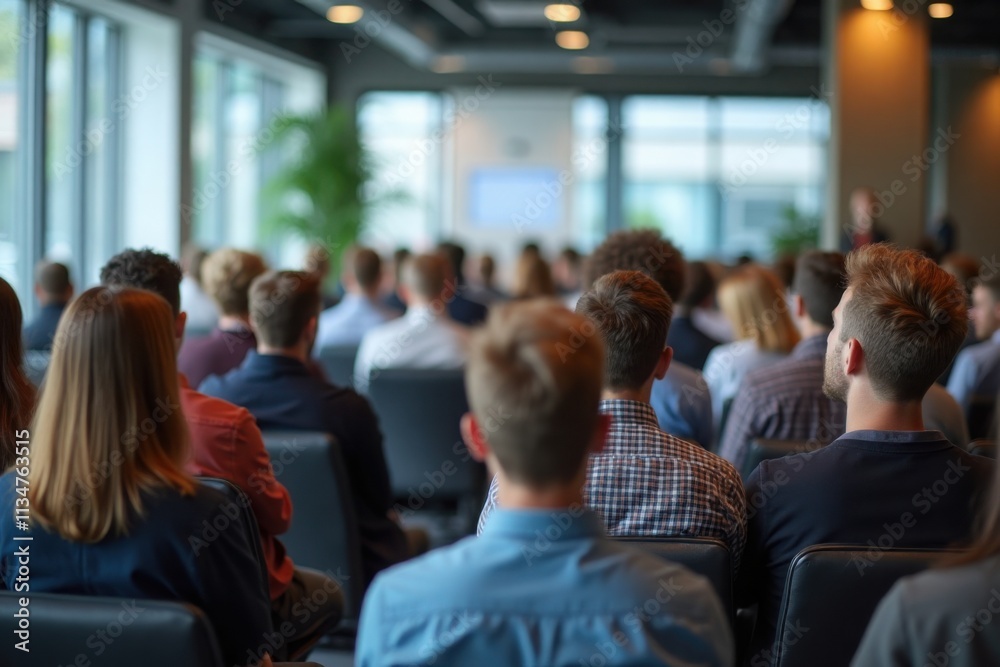 A professional business seminar viewed from behind. A group of well-dressed attendees sitting on modern chairs, facing a presenter, men and women in formal and smart-casual business attire A professional business seminar viewed from behind. A group of well-dressed attendees sitting on modern chairs, facing a presenter, men and women in formal and smart-casual business attire