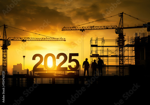 Silhouette of workers at a construction site building 2025 against a sunrise cityscape background