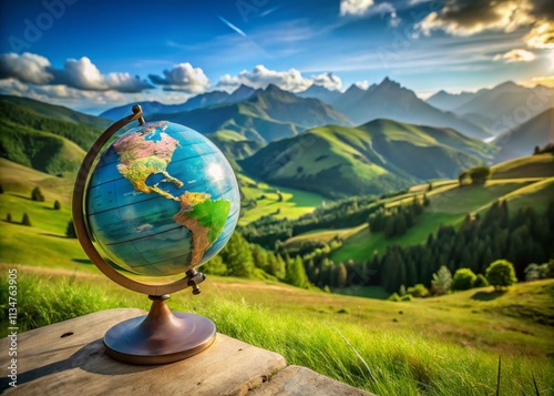 Captivating Landscape Featuring a School Globe Symbolizing Geography Lessons and Education in Nature's Embrace, Perfect for Inspiring Learning Environments and Classroom Decor photo