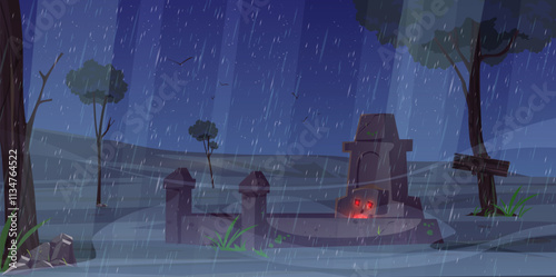 cemetery scene with cartoon scenery