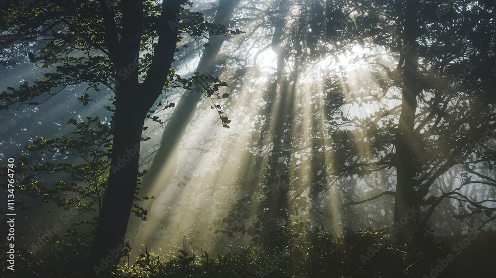 Obraz premium soft beams of sunlight breaking through a dense forest canopy