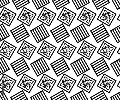 Abstract geometric floral seamless pattern. Black and white ornament. Modern stylish texture repeating. Vector background.