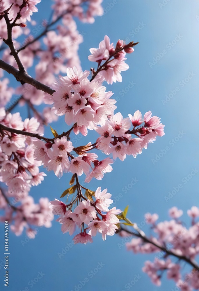 Cherry blossom branch in the distance against a clear blue sky , soft focus photography, blue sky with white clouds, natural beauty Cherry blossom branch in the distance against a clear blue sky , soft focus photography, blue sky with white clouds, natural beauty