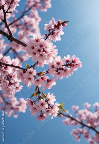 Cherry blossom branch in the distance against a clear blue sky , soft focus photography, blue sky with white clouds, natural beauty