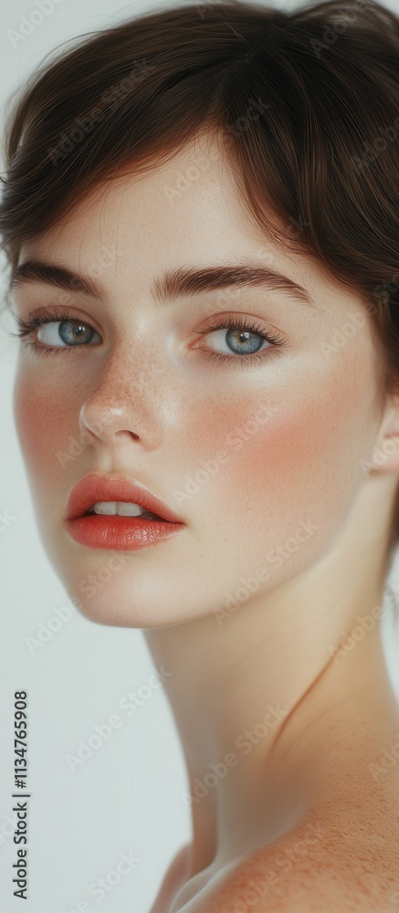 Captivating close-up of a model with striking features and natural makeup showcasing flawless skin and expressive eyes in a neutral setting Captivating close-up of a model with striking features and natural makeup showcasing flawless skin and expressive eyes in a neutral setting