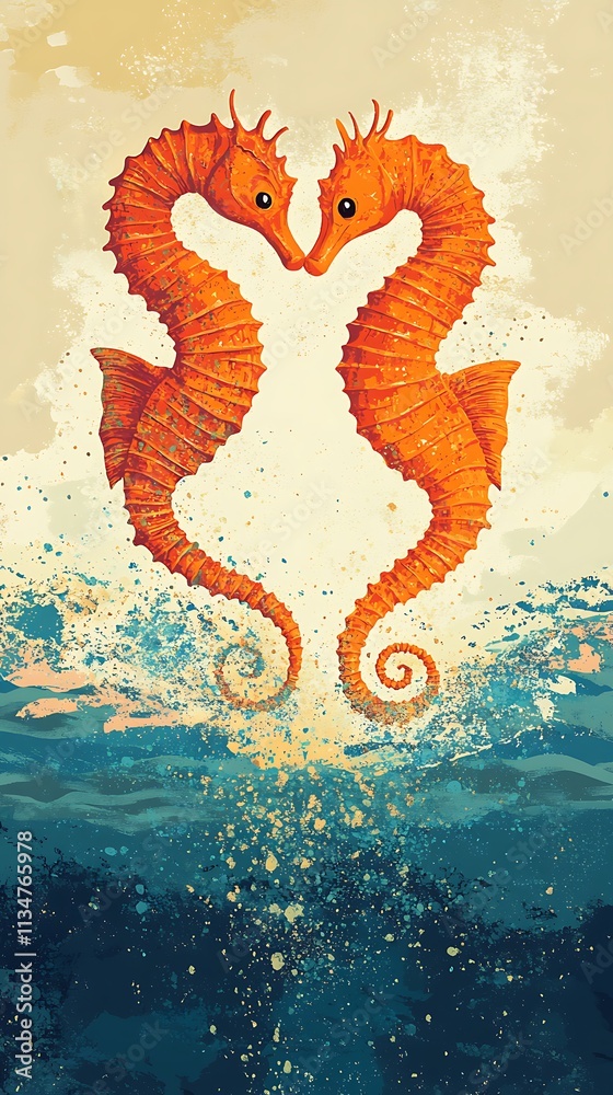 Obraz premium Minimalist illustration of two seahorses forming a heart, over a vivid ocean backdrop 