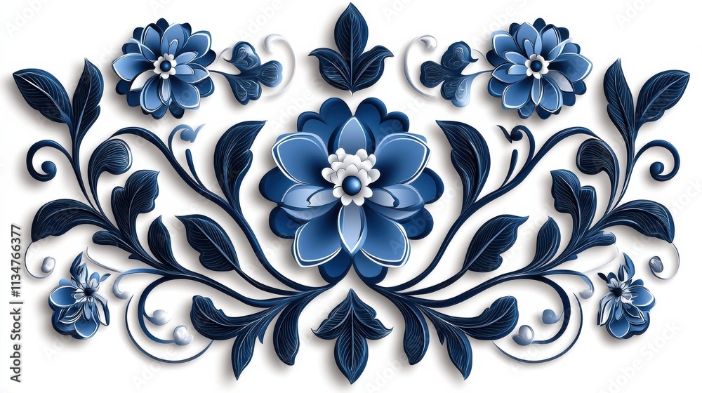Fototapeta premium Elegant Blue Floral Ornamental Design with Curving Leaves and Petals