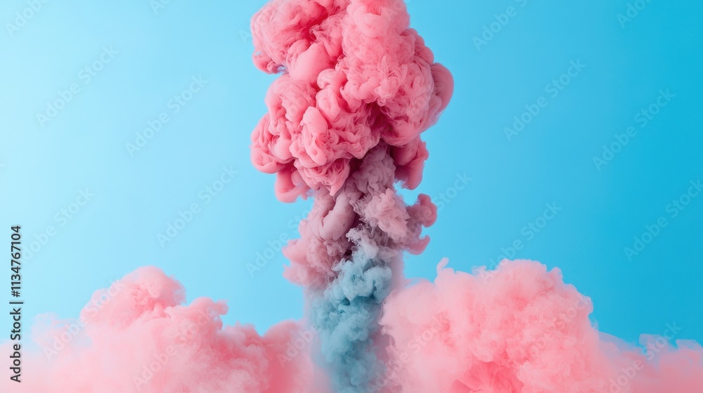 Fototapeta premium Dramatic Pink Smoke Explosion Plume in Blue Sky Background