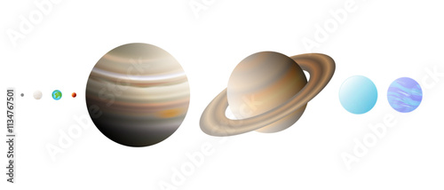 Size of the Planets of the Solar System with Realistic Proportions. Mercury, Venus, Earth, Mars, Jupiter, Saturn, Uranus, and Neptune Planet Dimension Isolated on White Background