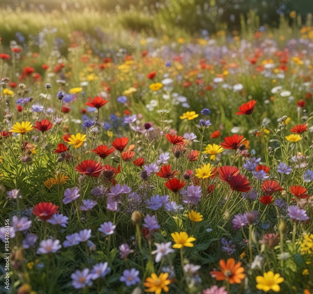 Colorful array of wildflowers in a sunlit meadow, sunny day, nature photography, landscape with flowers Colorful array of wildflowers in a sunlit meadow, sunny day, nature photography, landscape with flowers
