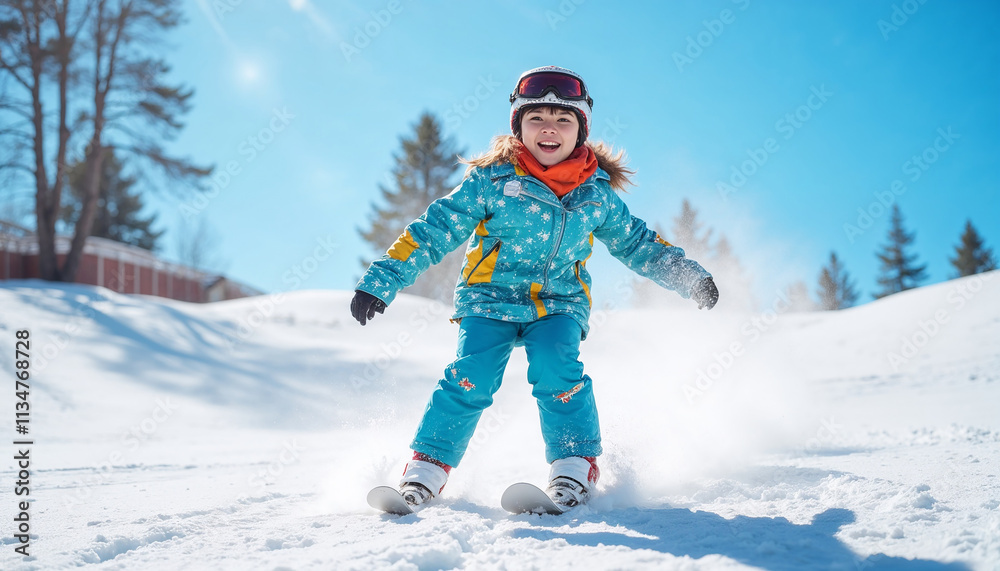 Happy child skiing down snowy slope with excitement and joy Happy child skiing down snowy slope with excitement and joy
