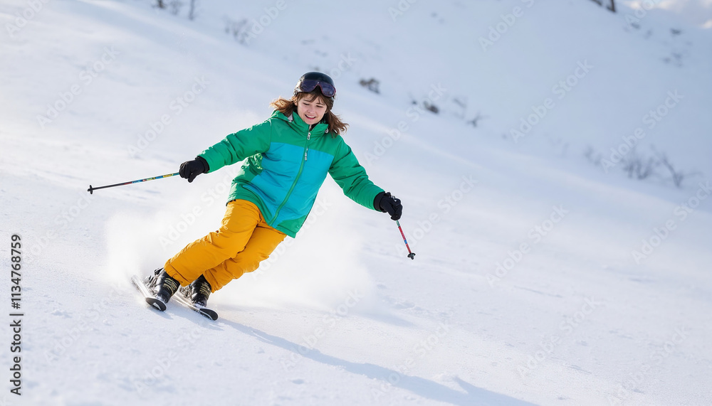 Smiling child skiing down snowy slope with joy and excitement Smiling child skiing down snowy slope with joy and excitement