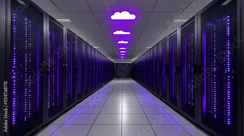 Illuminated server room corridor with cloud icons.