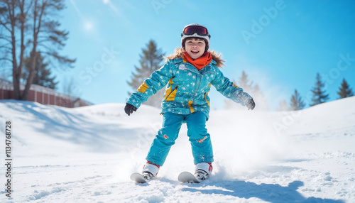 Happy child skiing down snowy slope with excitement and joy
