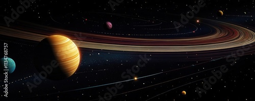 A stunning depiction of a cosmic scene featuring planets, rings, and stars, showcasing the beauty of the universe in vibrant colors. photo