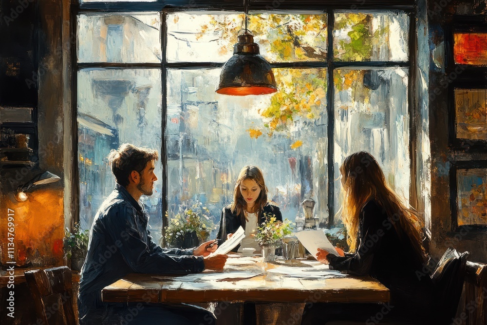 Businesswoman Presenting to Eatery Manager in Warm Café Setting Businesswoman Presenting to Eatery Manager in Warm Café Setting