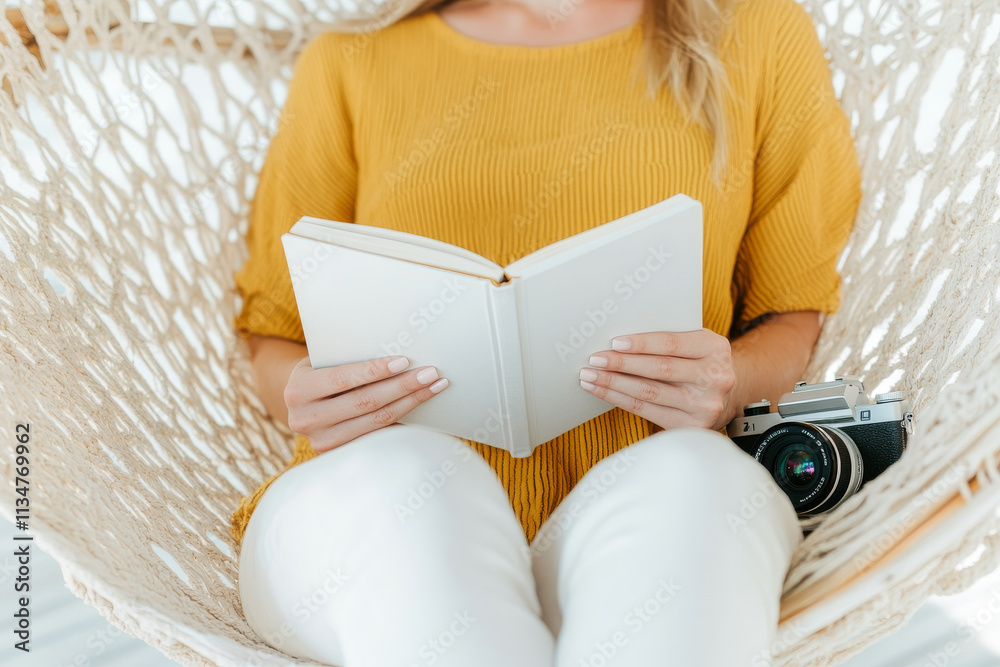 Obraz premium A woman in yellow sweater sits comfortably in hammock, holding blank book while camera rests beside her. This serene scene captures moment of relaxation and creativity