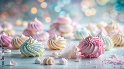 Captivating Long Exposure Photography of Whimsical Meringue Swirls Against a Soft Pastel Background, Showcasing the Delicate Texture and Lightness of This Dessert Delight