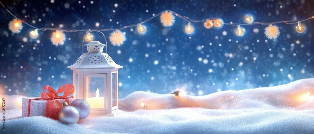 Magical Winter Scene: Lantern, Gift, and Snow with Festive Lights Magical Winter Scene: Lantern, Gift, and Snow with Festive Lights