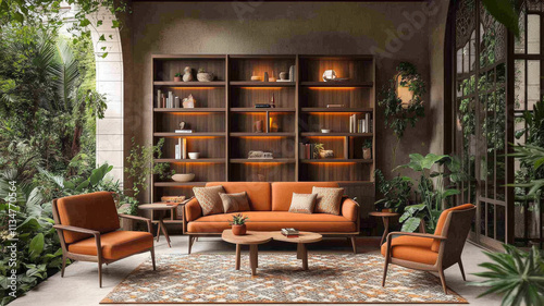 A stylish living room featuring cozy orange sofa, armchairs, and wooden bookshelf surrounded by lush greenery. warm ambiance creates welcoming atmosphere