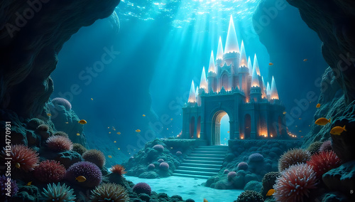 An enchanting underwater kingdom with towering coral structures and colorful fish swimming around. photo