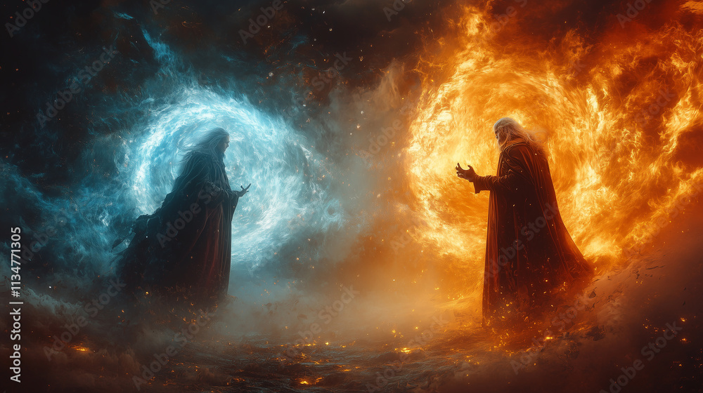 Epic battle between elemental mages with fierce magical effects in a mystical realm Epic battle between elemental mages with fierce magical effects in a mystical realm