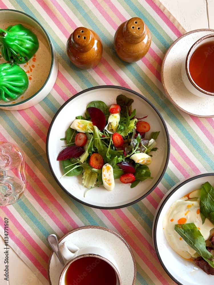 Top view of a vegetable salad that is surrounded by other dishes and drinks Top view of a vegetable salad that is surrounded by other dishes and drinks