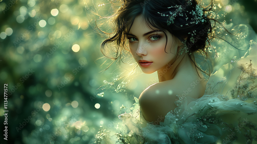 Ethereal gown silhouette captivates in a magical forest setting during twilight Ethereal gown silhouette captivates in a magical forest setting during twilight