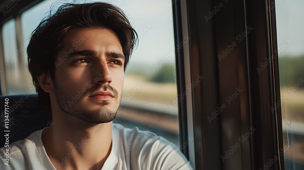 Young Man Contemplative Gaze Train Window Young Man Contemplative Gaze Train Window