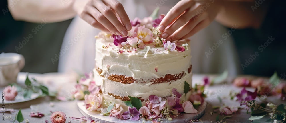 Delicate hands intricately decorating a floral cake for an elegant celebration. Delicate hands intricately decorating a floral cake for an elegant celebration.