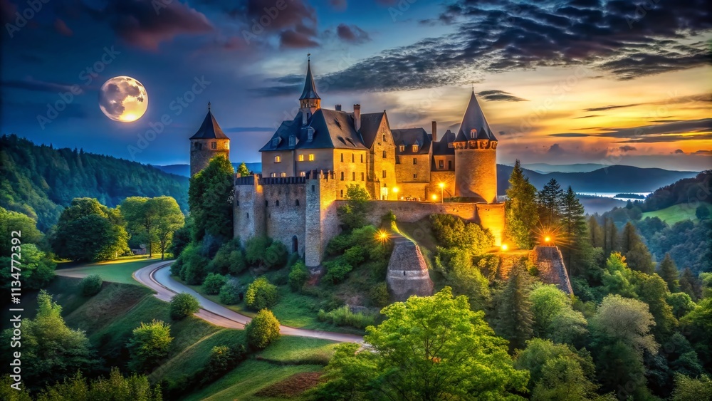 Fototapeta premium Captivating Low Light Photography of a Historic Castle Illuminated by Moonlight, Showcasing Architectural Details and Surrounding Landscape in a Mystical Atmosphere