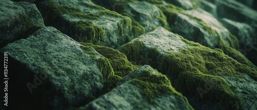 Moss-covered stones form a rugged tapestry on a forest path, inviting exploration amidst the cool, verdant depths of an untouched woodland. photo