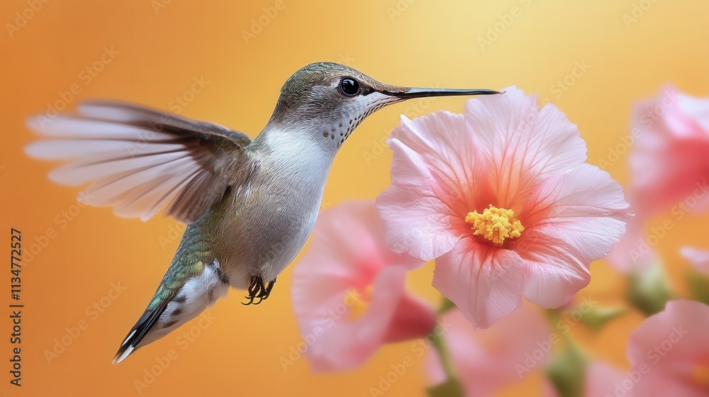 Obraz premium Hummingbird hovering near pink flower on a soft orange background in a serene garden setting at dusk